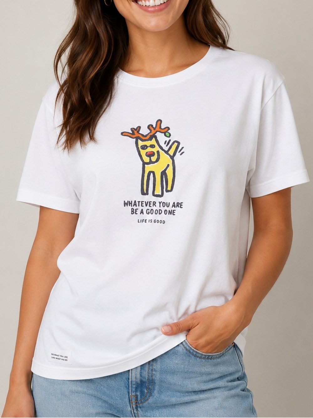 Life Is Good White Tee with Yellow Antler Dog Graphic